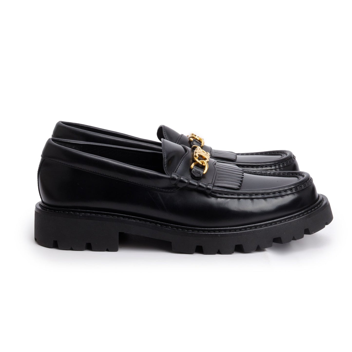 Celine Black Polished Bull Triomphe Chain Margaret Loafer, Size 41