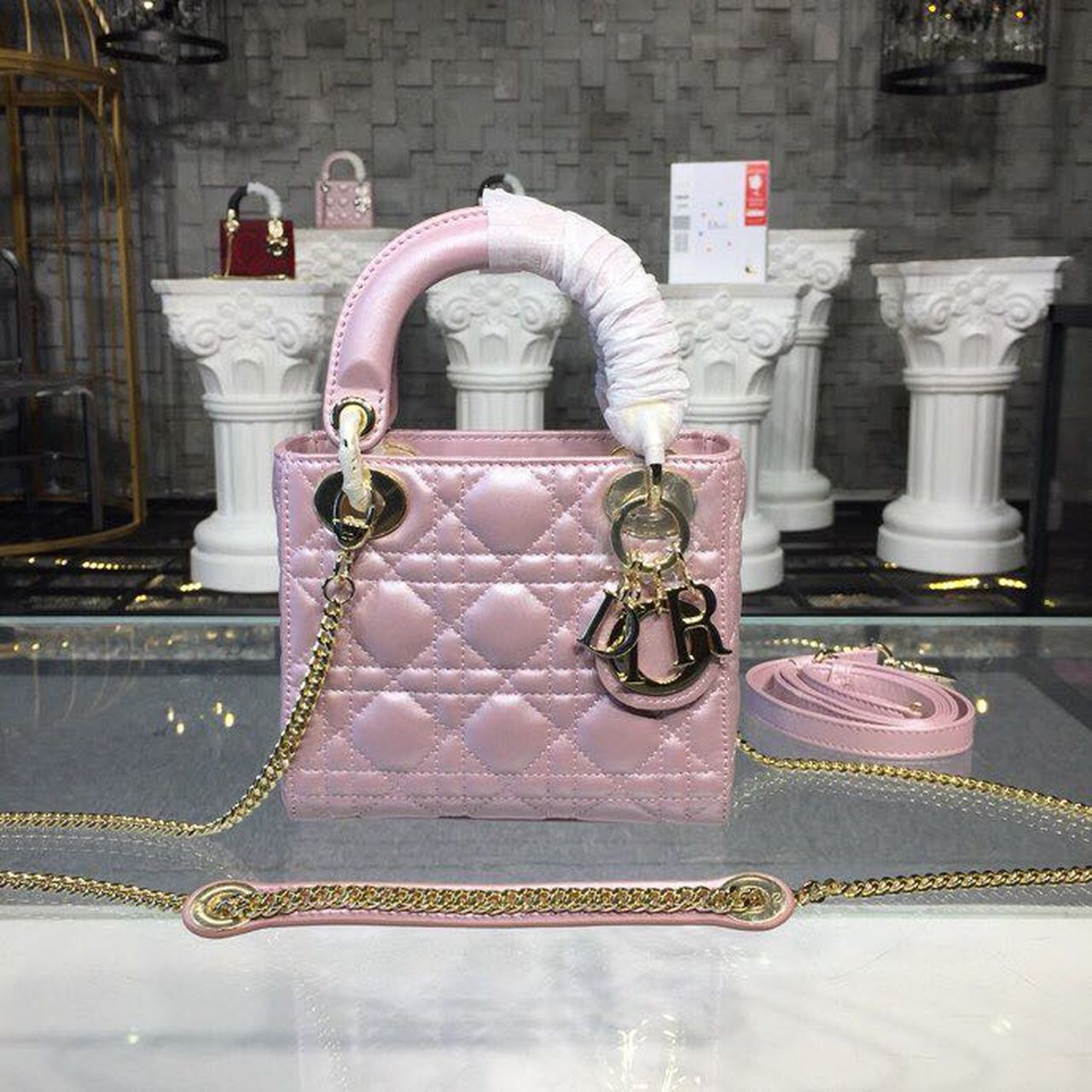 Top Quality Mini Lady Cannage Quilted Bag with Chain Gold Toned Hardware Pink For Women 6.5in/17cm CD