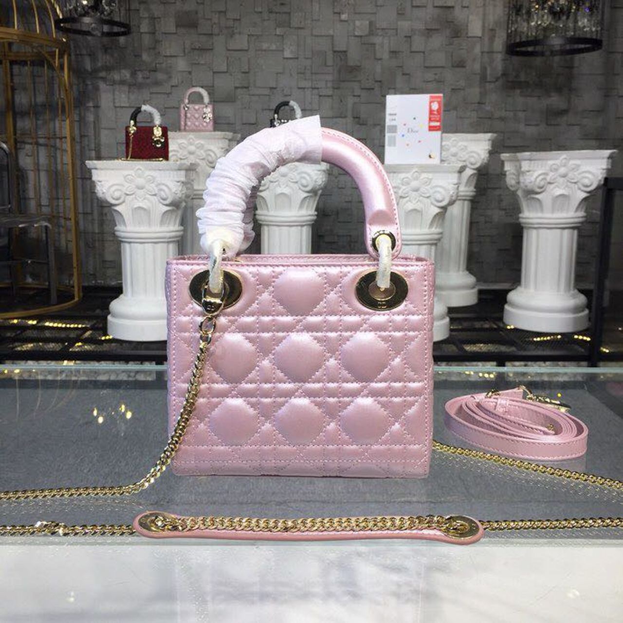 Top Quality Mini Lady Cannage Quilted Bag with Chain Gold Toned Hardware Pink For Women 6.5in/17cm CD