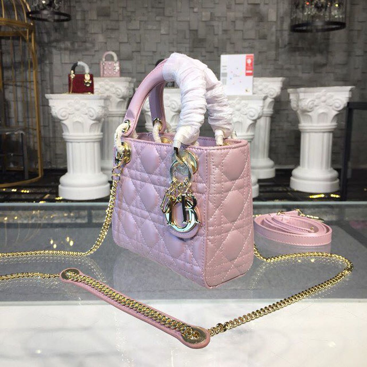 Top Quality Mini Lady Cannage Quilted Bag with Chain Gold Toned Hardware Pink For Women 6.5in/17cm CD