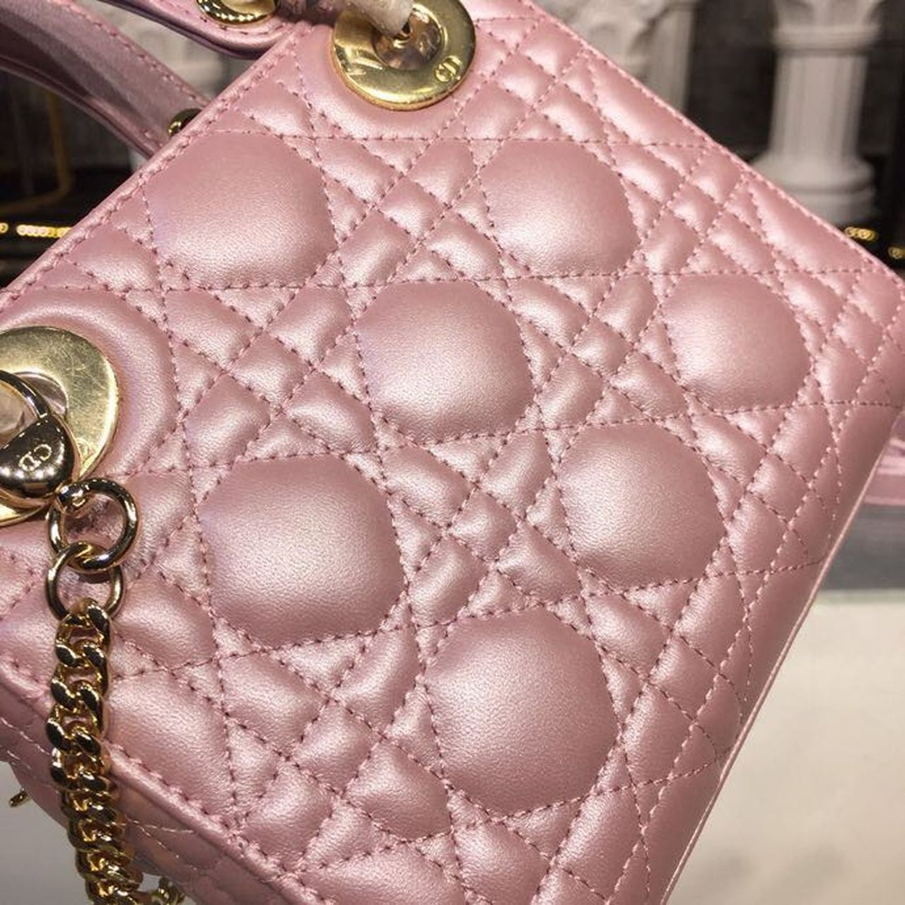 Top Quality Mini Lady Cannage Quilted Bag with Chain Gold Toned Hardware Pink For Women 6.5in/17cm CD