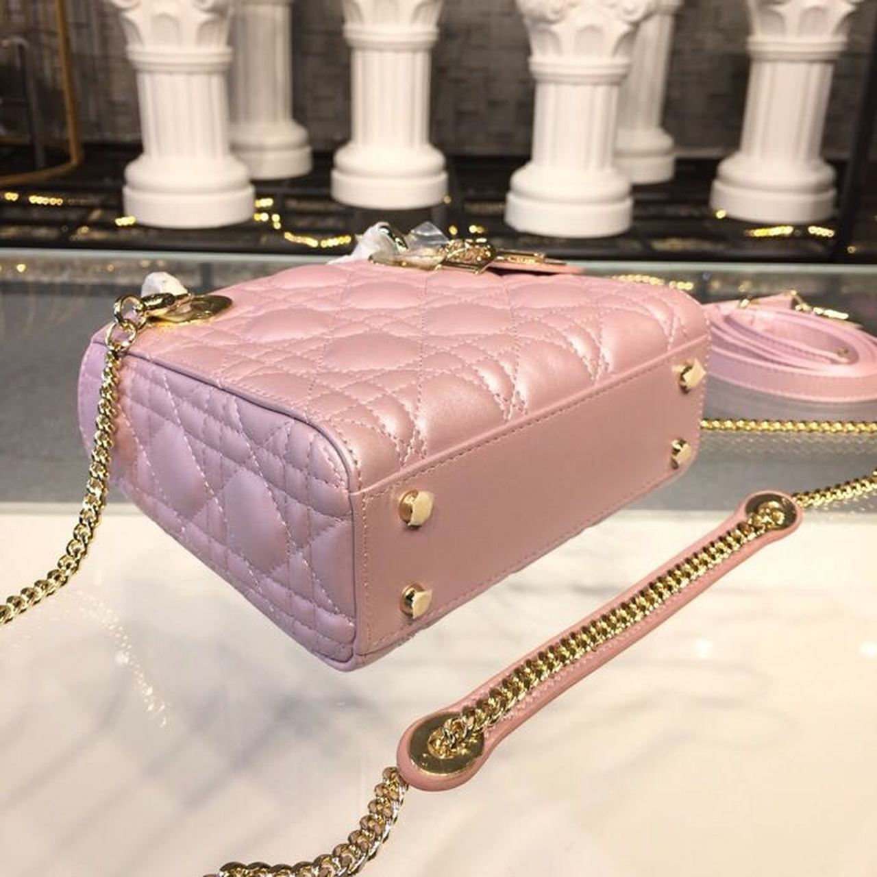 Top Quality Mini Lady Cannage Quilted Bag with Chain Gold Toned Hardware Pink For Women 6.5in/17cm CD