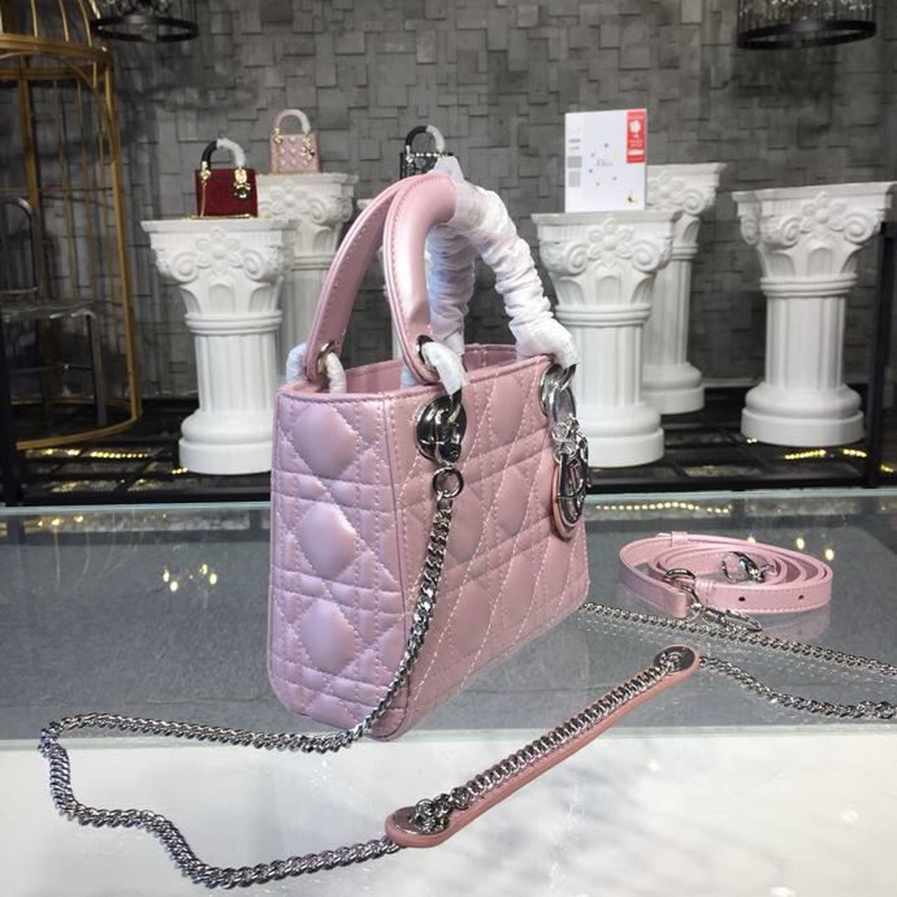Top Quality Mini Lady Cannage Quilted Bag with Chain SiTop Qualityer Hardware Pink For Women 6.5in/17cm CD