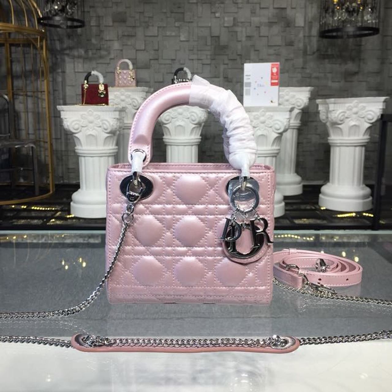 Top Quality Mini Lady Cannage Quilted Bag with Chain SiTop Qualityer Hardware Pink For Women 6.5in/17cm CD