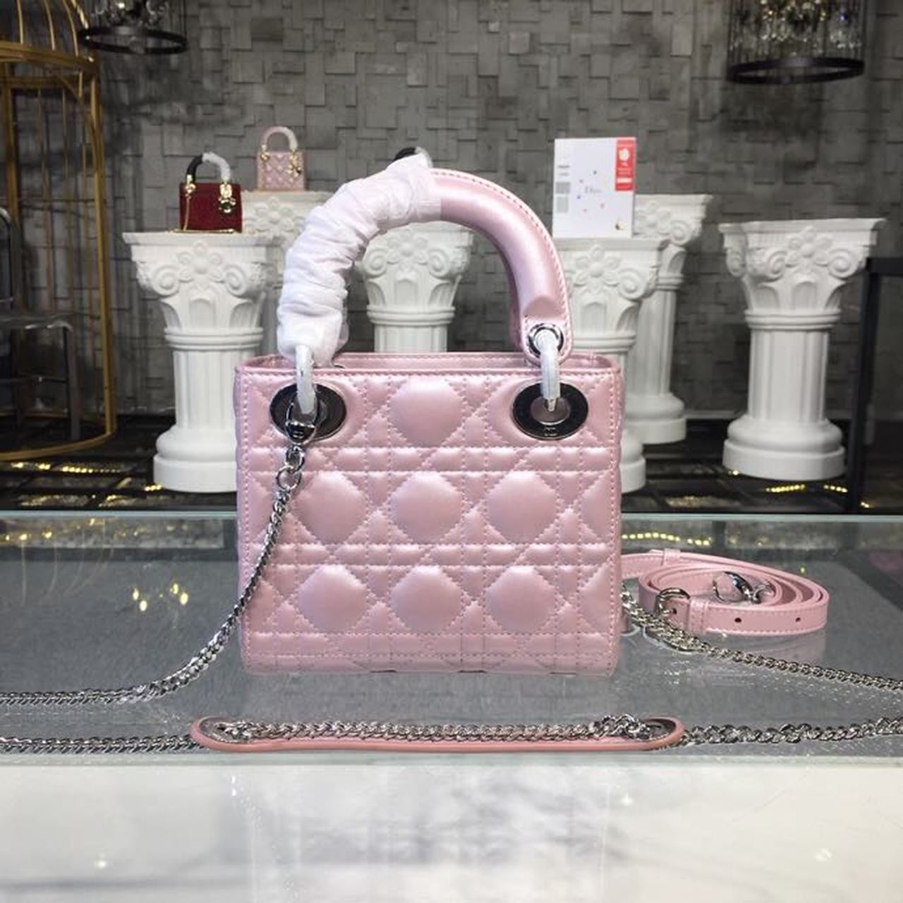 Top Quality Mini Lady Cannage Quilted Bag with Chain SiTop Qualityer Hardware Pink For Women 6.5in/17cm CD