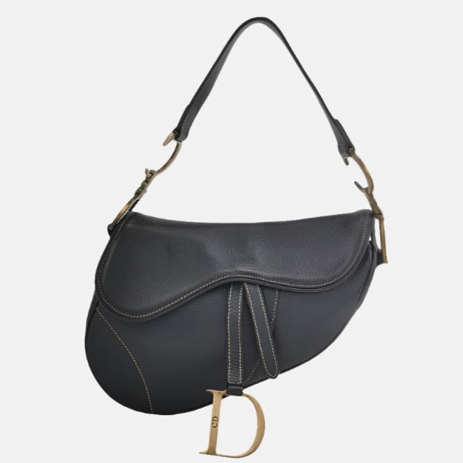 Dior Saddle   Leather Black with Antiqued Gold Hardware