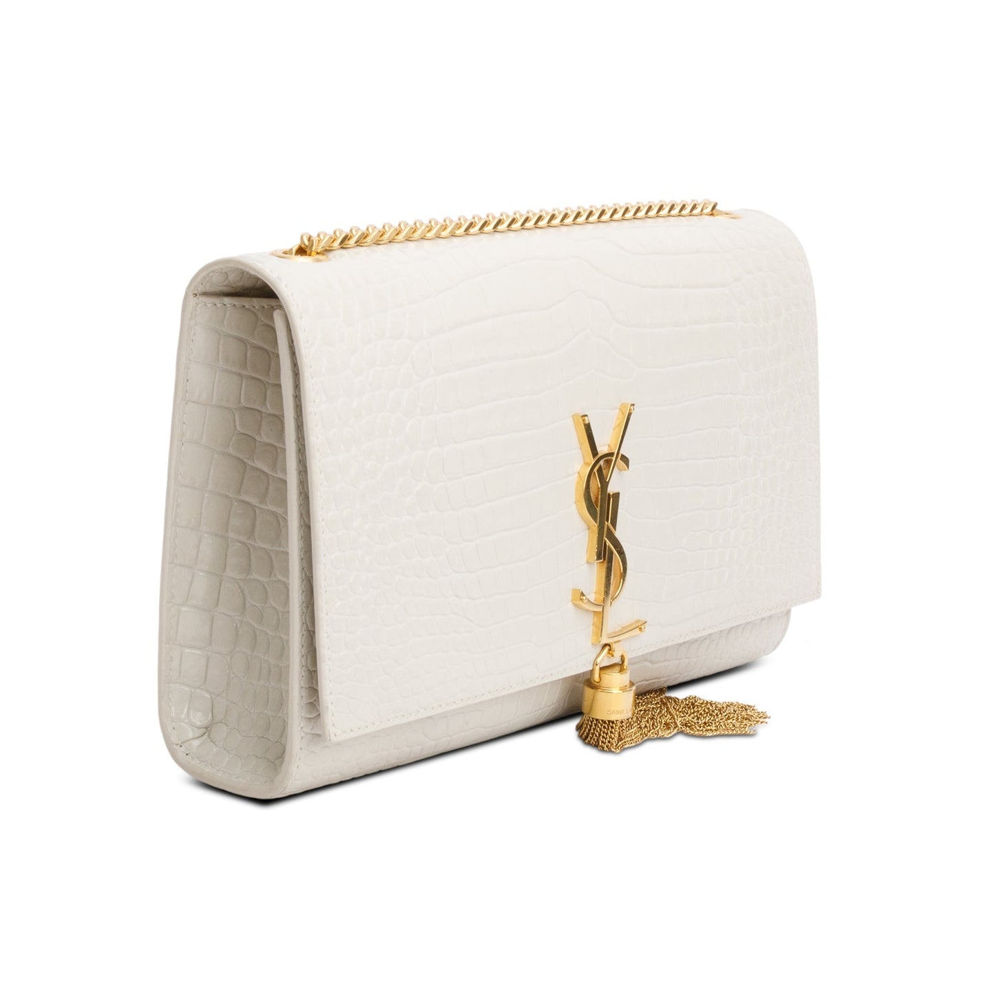 Saint Laurent 2021 Grey Crocodile-Embossed Leather Medium Classic Monogram Kate Tassel Chain Bag