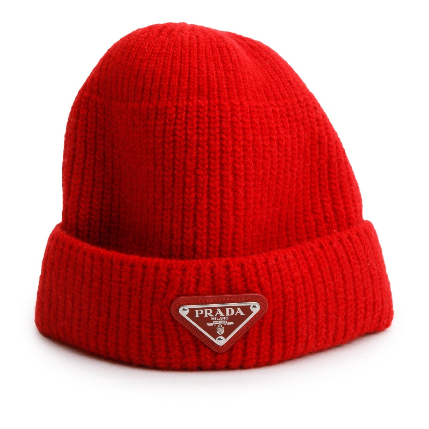 Prada Red Wool/Cashmere Metal Triangle Logo Beanie, Size M