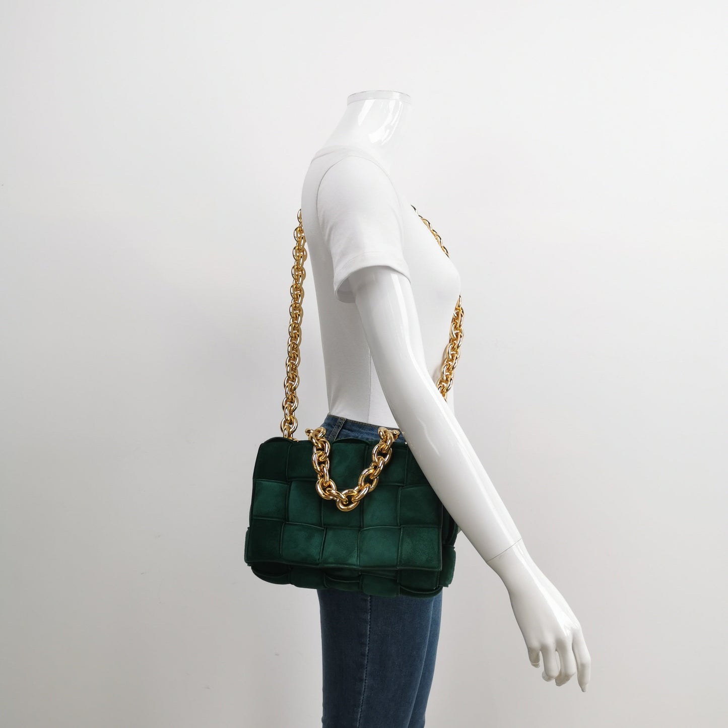 Bottega Veneta Padded Cassette Suede Leather Dark Green with Gold Chain