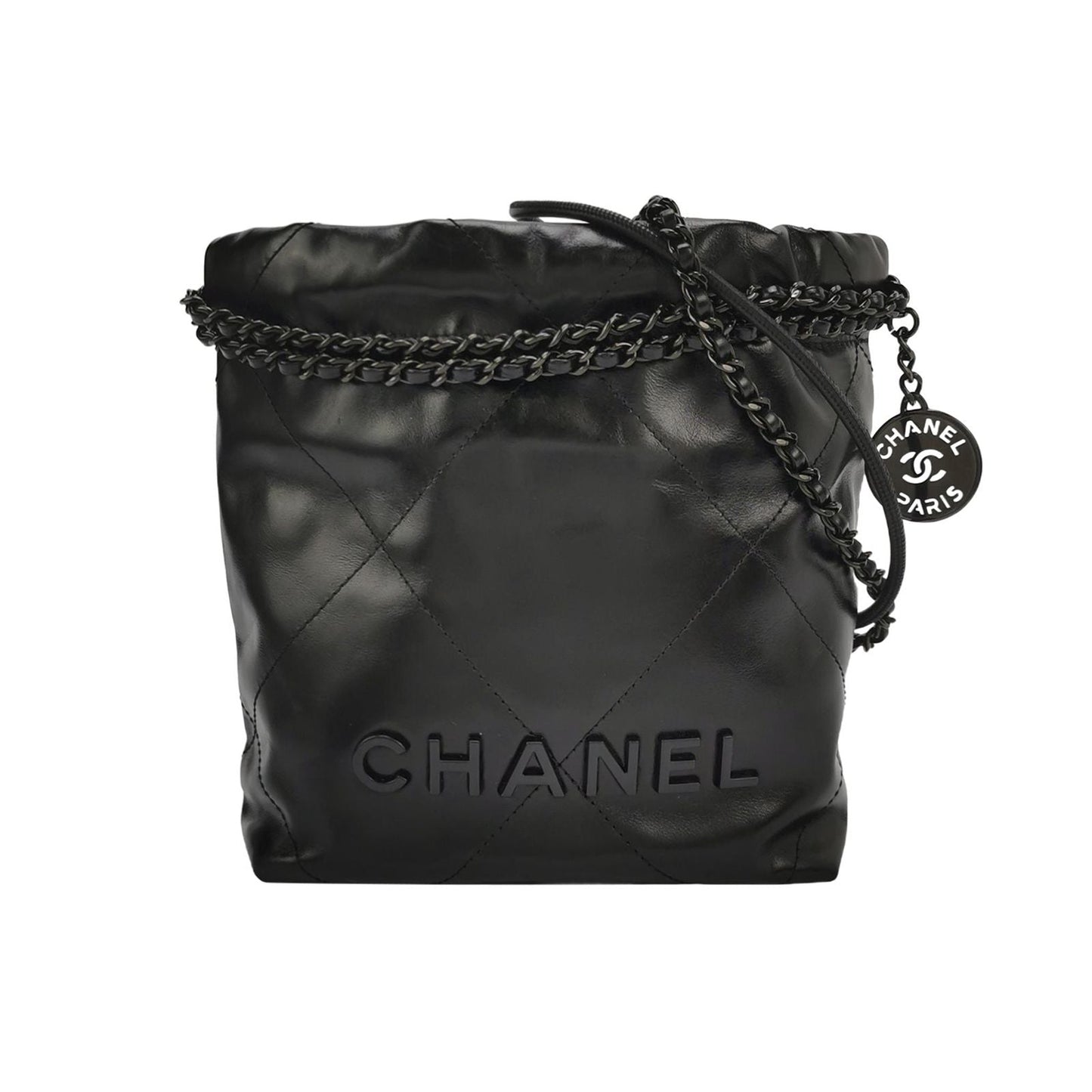 Chanel 22Bag So Black Mini Waxed Leather Drawstring Letter Logo Coin Pendant Crossbody Shoulder Bag 250429781170729