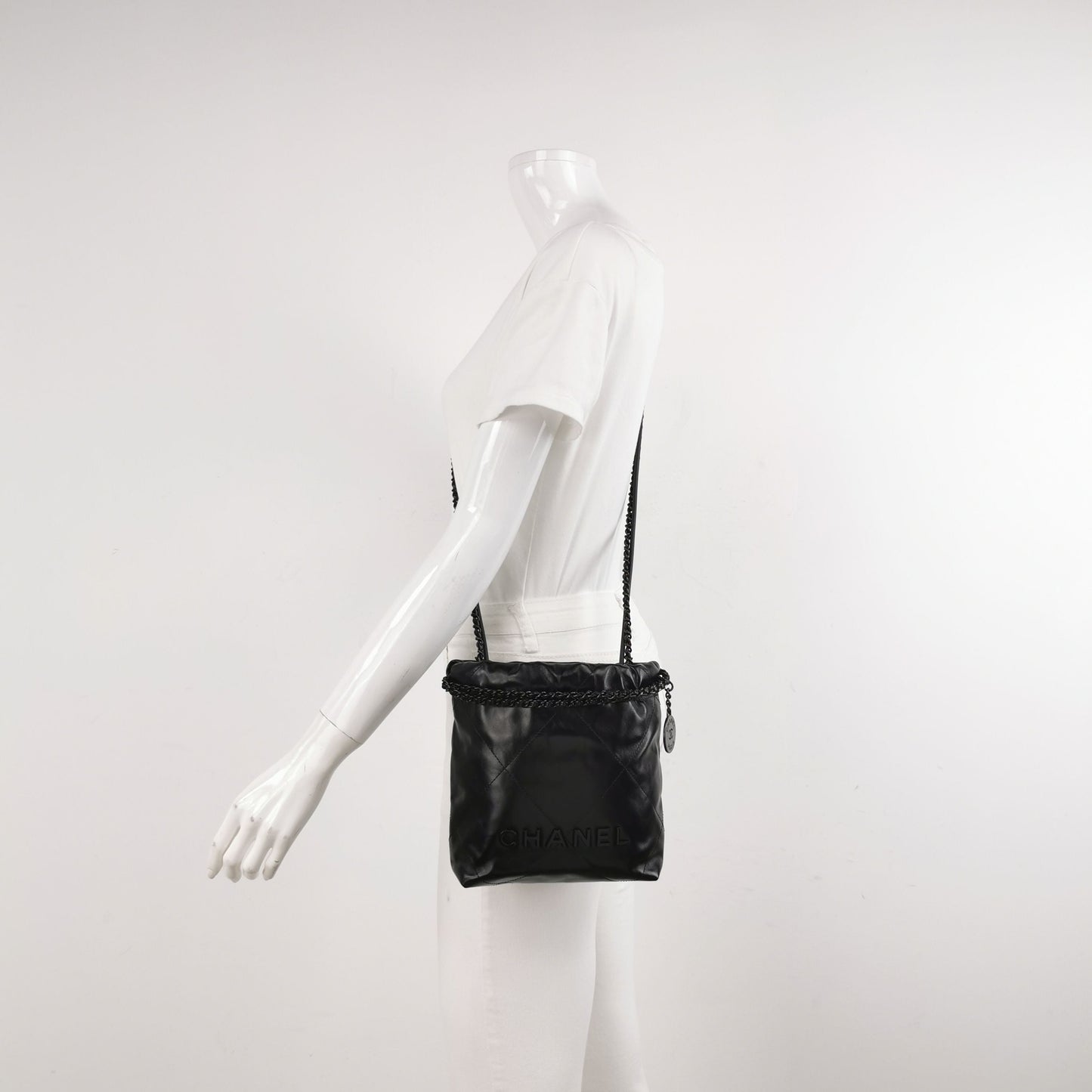 Chanel 22Bag So Black Mini Waxed Leather Drawstring Letter Logo Coin Pendant Crossbody Shoulder Bag 250429781170729
