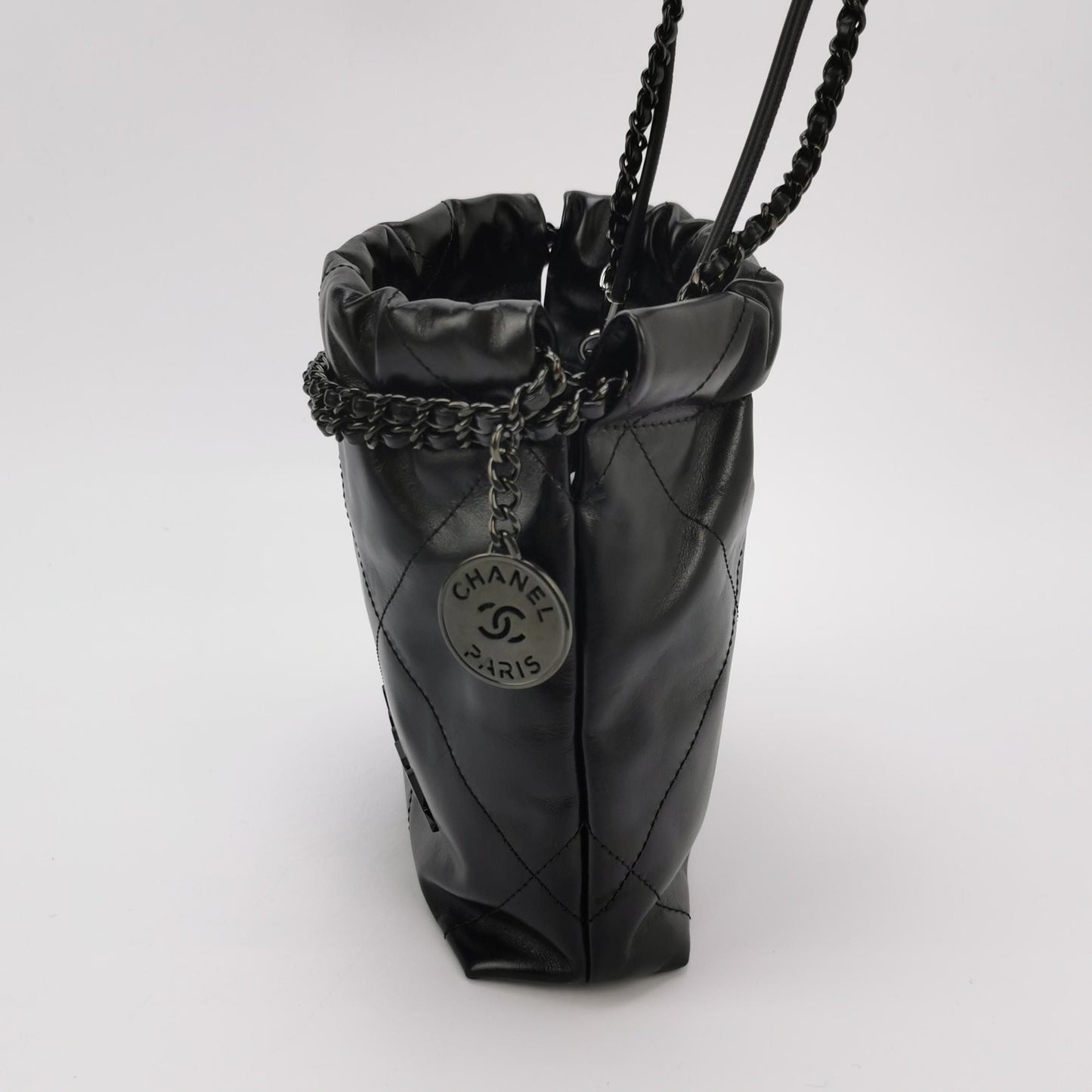 Chanel 22Bag So Black Mini Waxed Leather Drawstring Letter Logo Coin Pendant Crossbody Shoulder Bag 250429781170729