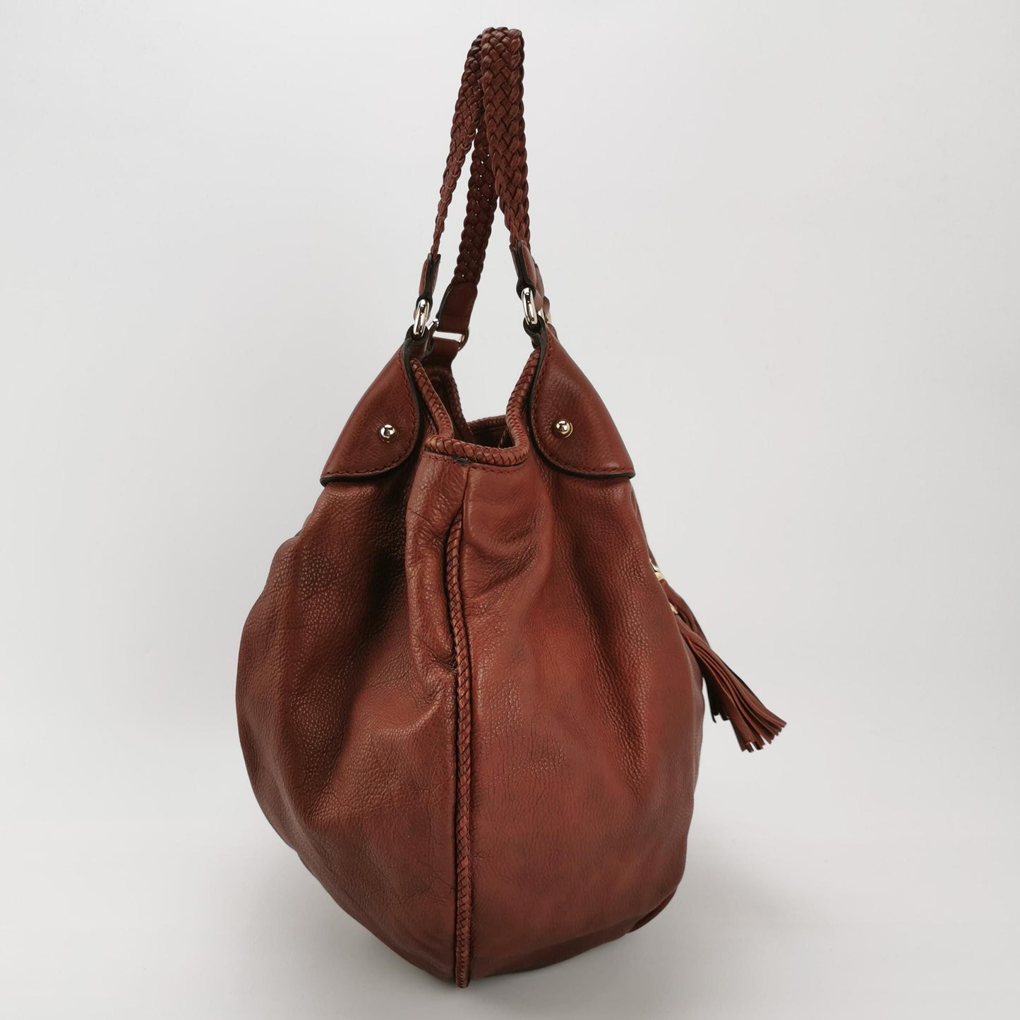 Gucci Leather Solid Color Fringe Woven Strap Shoulder Bag