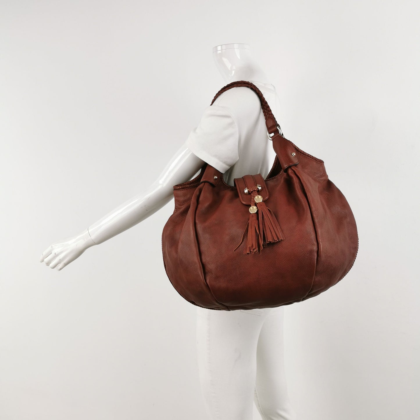 Gucci Leather Solid Color Fringe Woven Strap Shoulder Bag