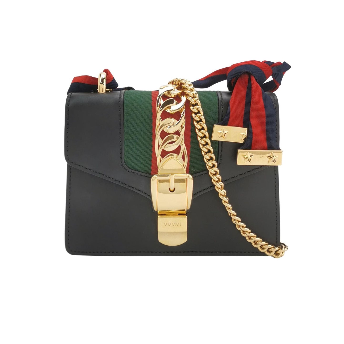 Gucci Sylvie Mini Leather Crossbody Bag with Ribbon and Metal Buckle