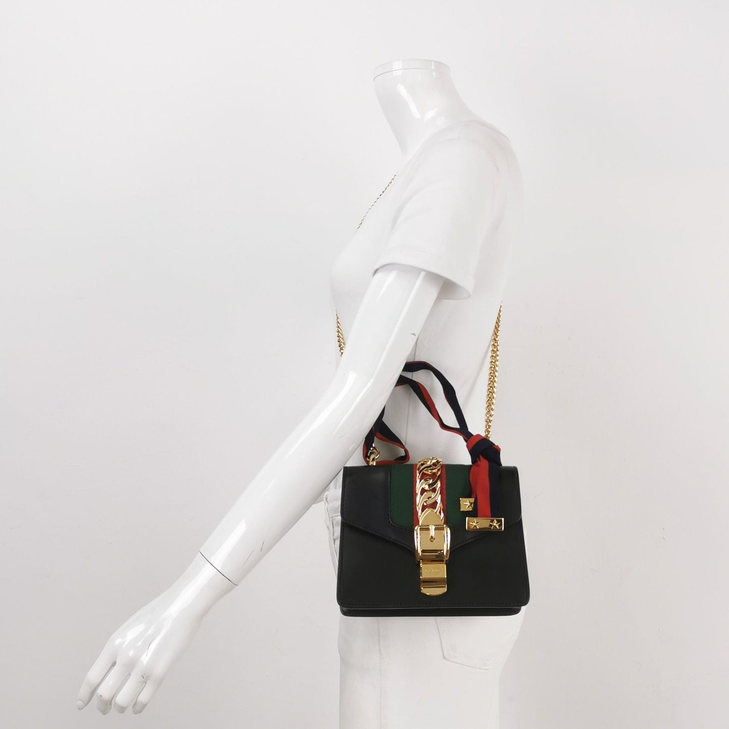 Gucci Sylvie Mini Leather Crossbody Bag with Ribbon and Metal Buckle