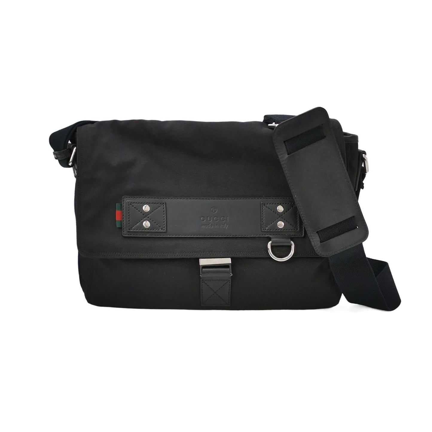 Gucci Leather Nylon Solid Logo Studded Crossbody Bag