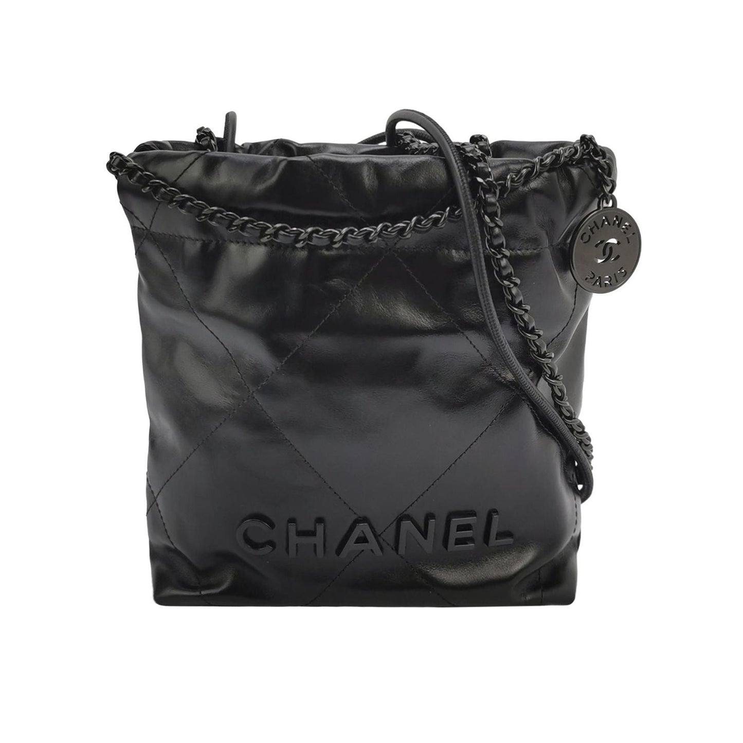 Chanel 22Bag So Black Mini Calfskin Quilted Logo Coin Pendant Crossbody Bag 250526781208437
