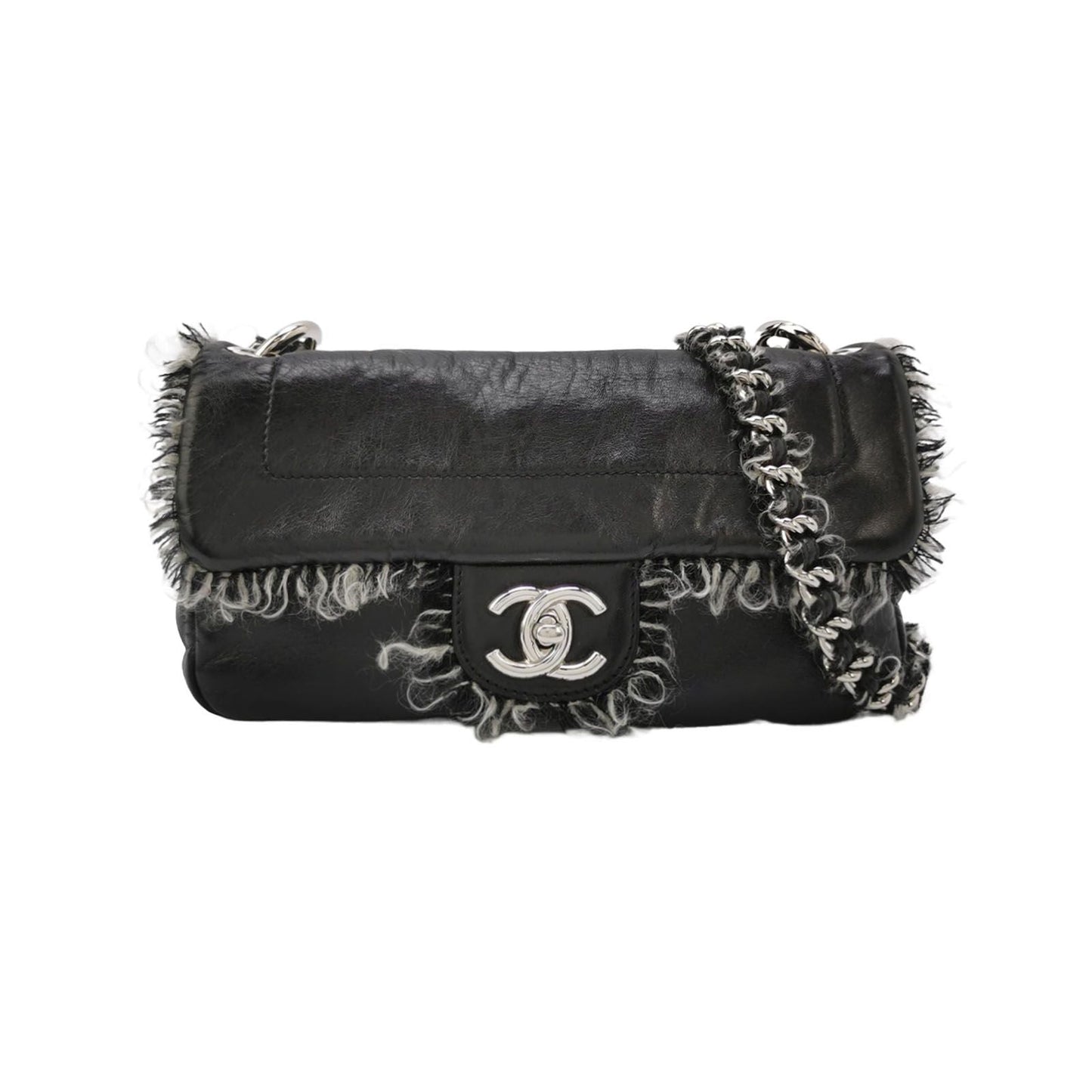Chanel Flap Bag Lamb Leather Double C Logo Frayed Shoulder Bag 250605781224204