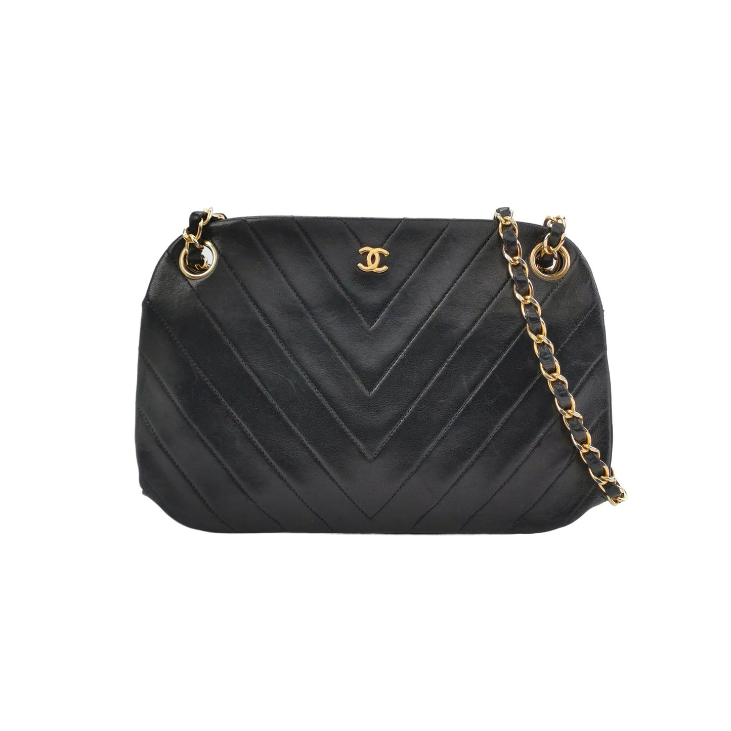 Chanel Lambskin Solid V-Quilted Double C Logo Chain Shoulder Bag 24120778974197