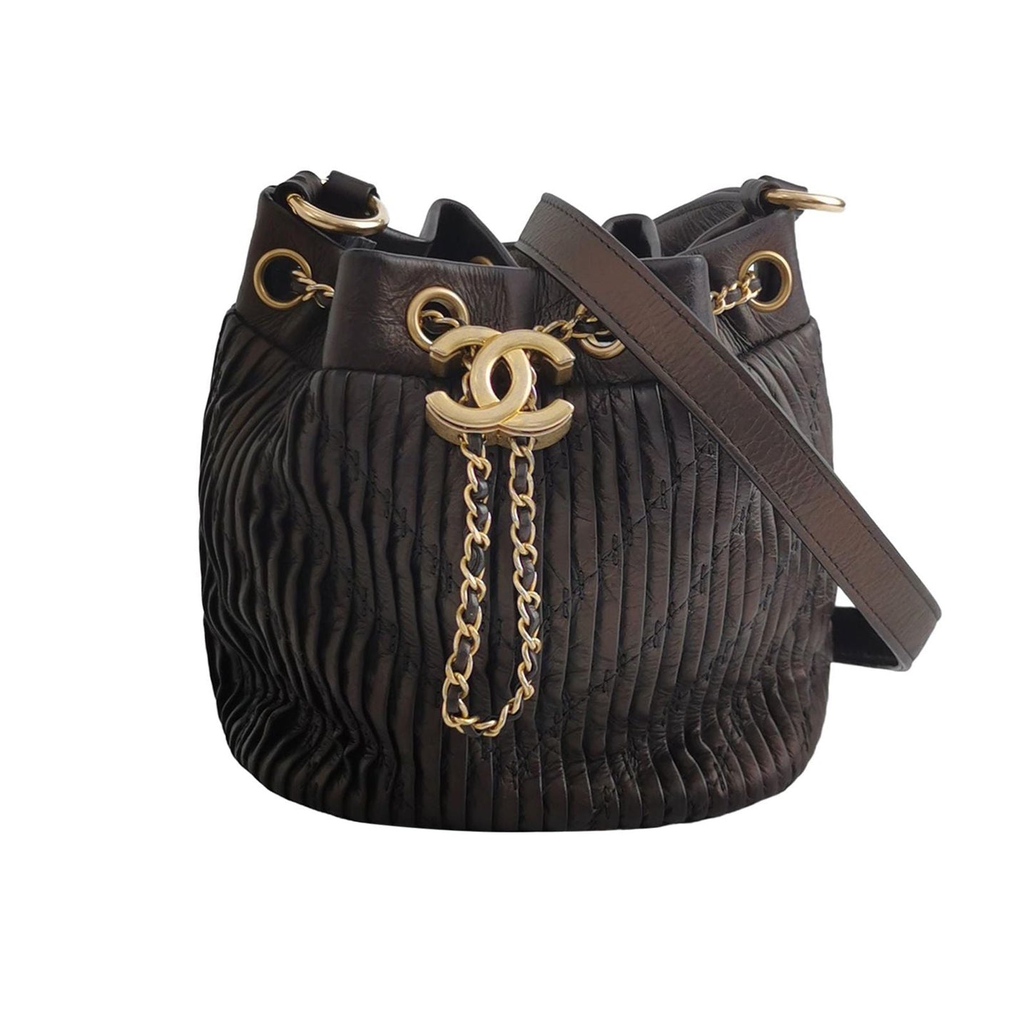 Chanel Calfskin Solid Double C Logo Drawstring Shoulder Bag 24111378942539