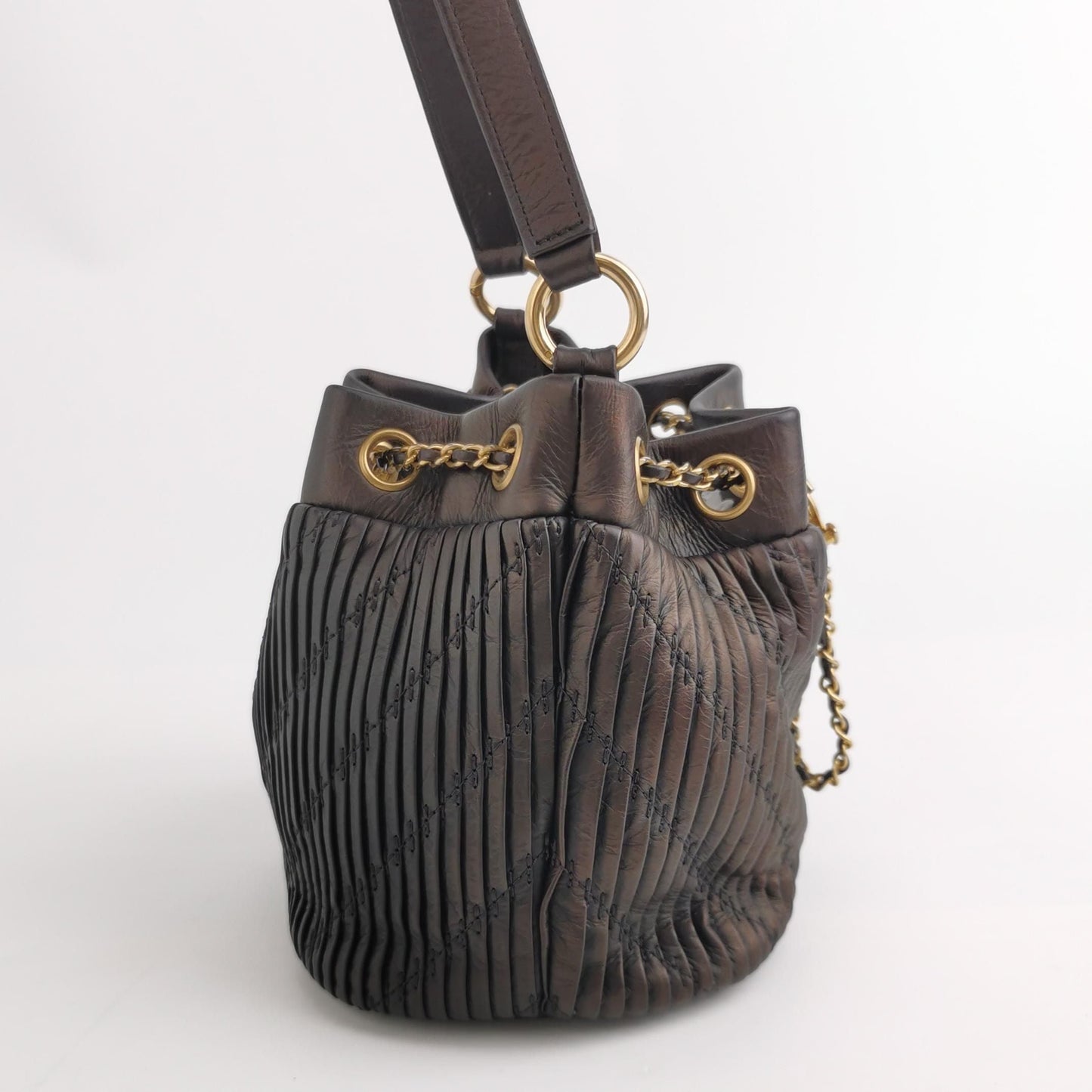 Chanel Calfskin Solid Double C Logo Drawstring Shoulder Bag 24111378942539