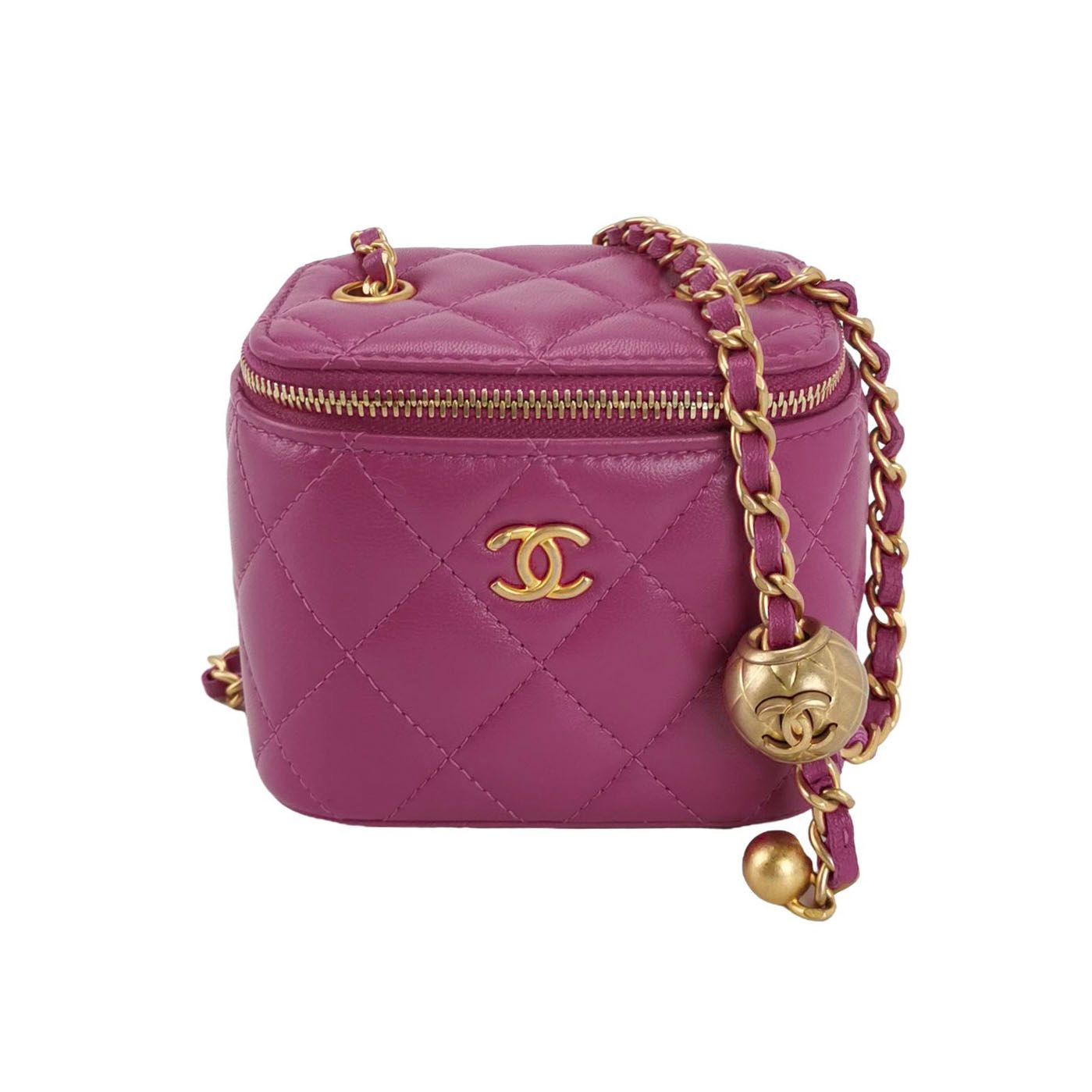 Chanel Vanity Case Lambskin Quilted Gold Ball Chain Double C Logo Crossbody Shoulder Bag 24110978937331