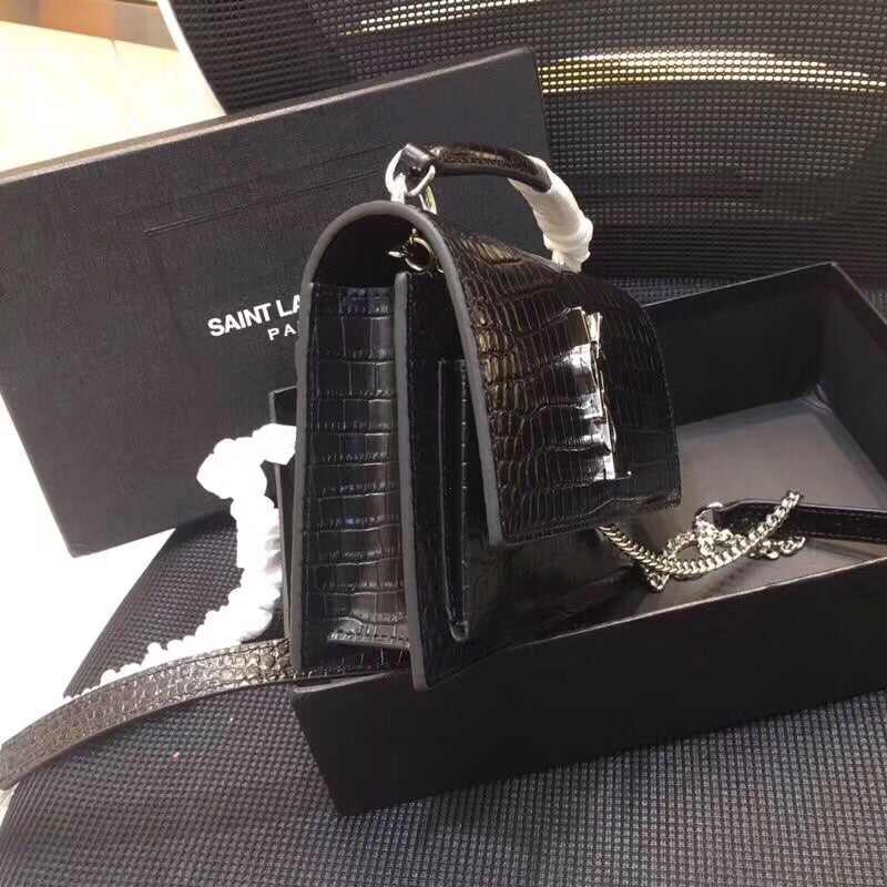 YSSL Sunset Chain Wallet  In-Embossed Black For Women 8in/21cm YSL