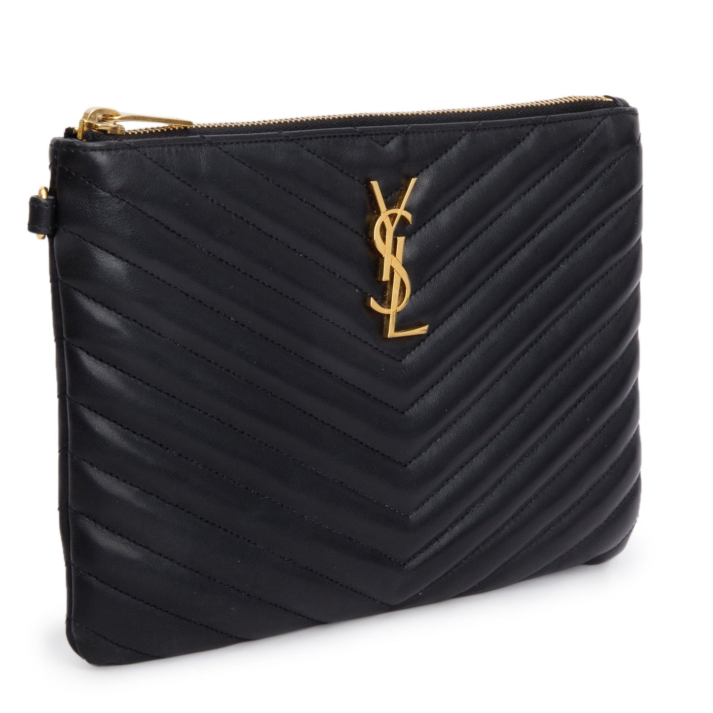 Saint Laurent 2021 Black Calfskin Matelasse Monogram Casssandre Zip Pouch