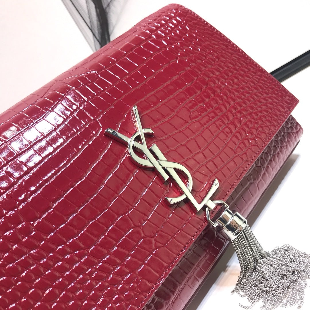 YSSL Kate Medium Chain Bag With Tassel In Embossed Crocodile Burgundy For Women 9in/24cm YSL