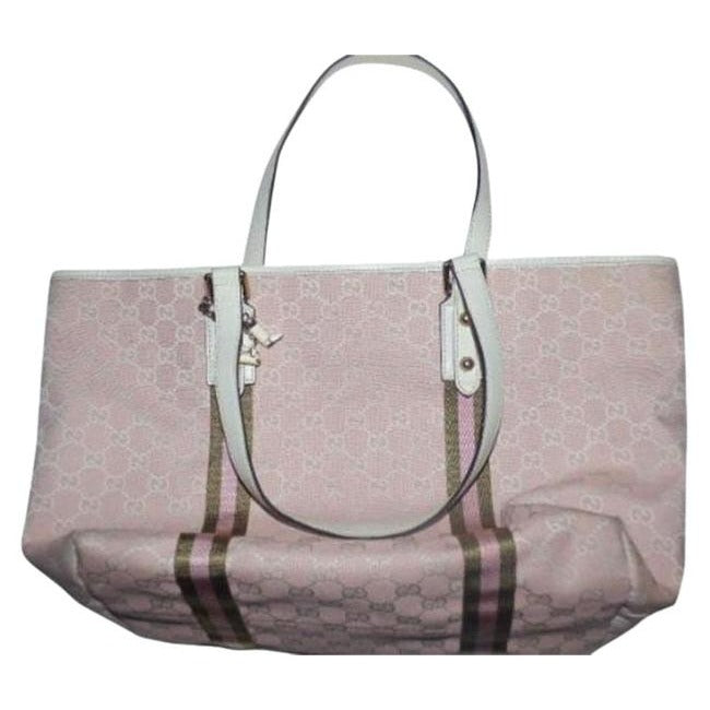 Gucci   Pink And White With Ivy Green Leather Canvas Tote