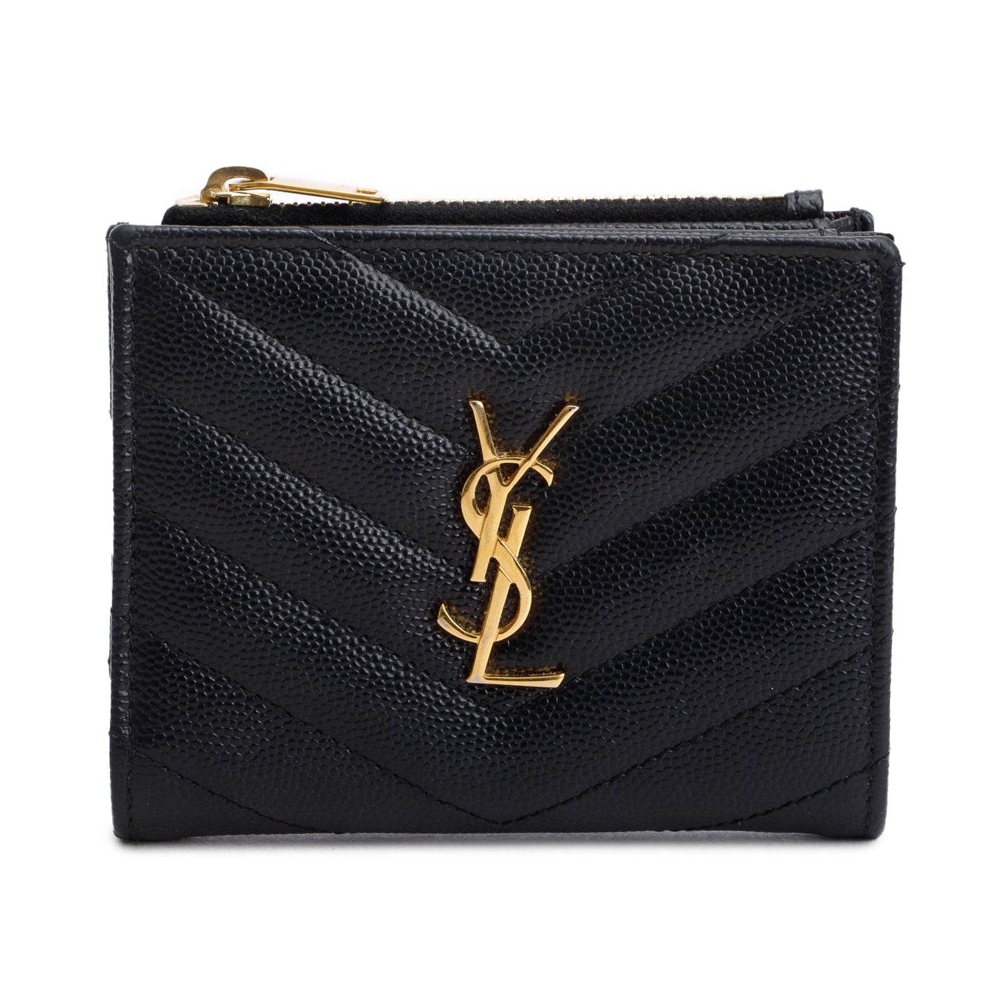 Saint Laurent Black Grain de Poudre Leather Cassandre Matelasse Bi-Fold Wallet