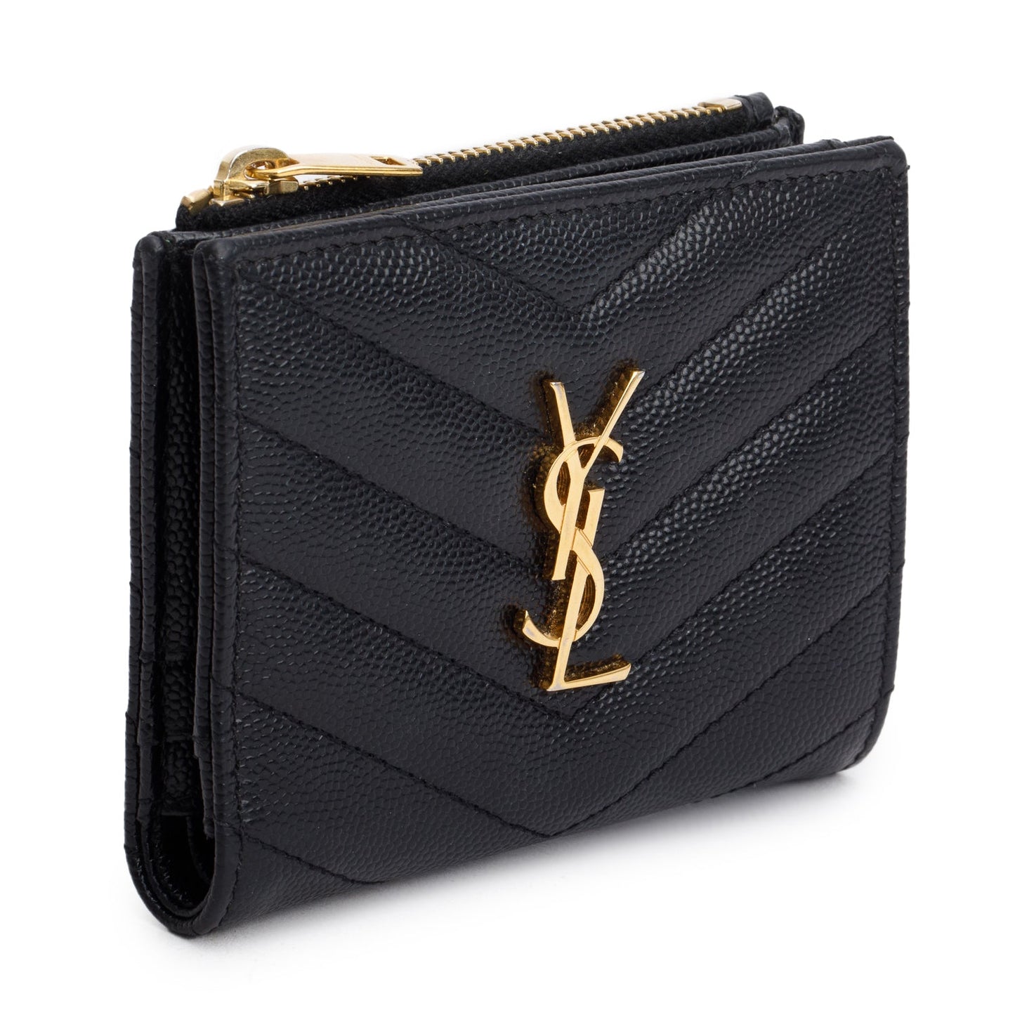 Saint Laurent Black Grain de Poudre Leather Cassandre Matelasse Bi-Fold Wallet