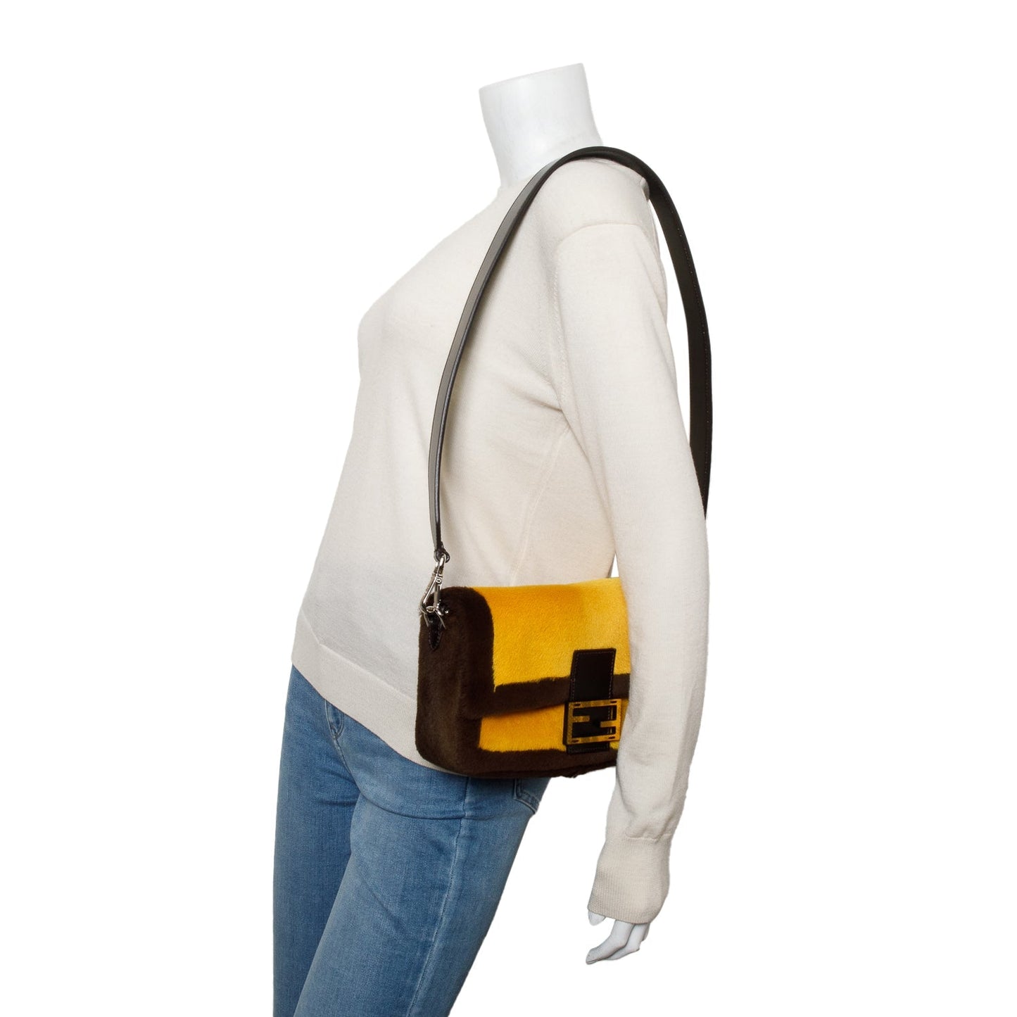Fendi 2022 Yellow Brown Pony Hair Karung Baguette