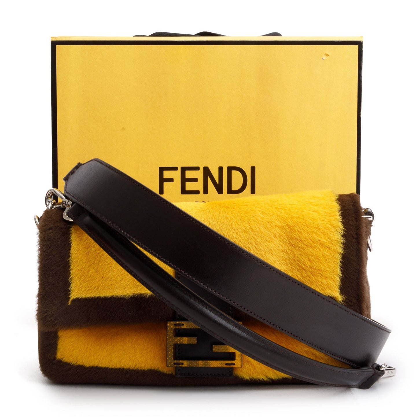 Fendi 2022 Yellow Brown Pony Hair Karung Baguette