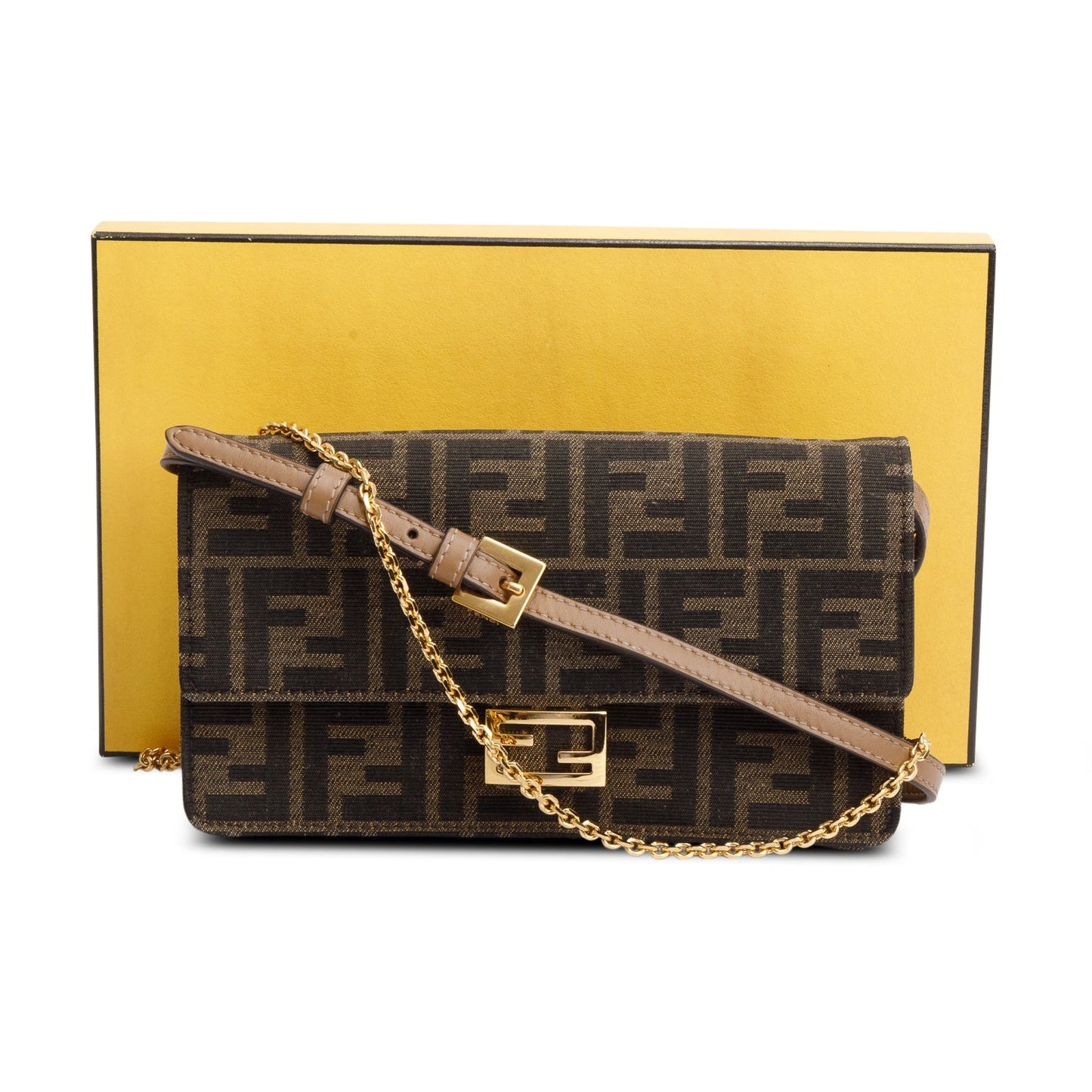 Fendi Brown FF Jacquard Baguette Wallet on Chain