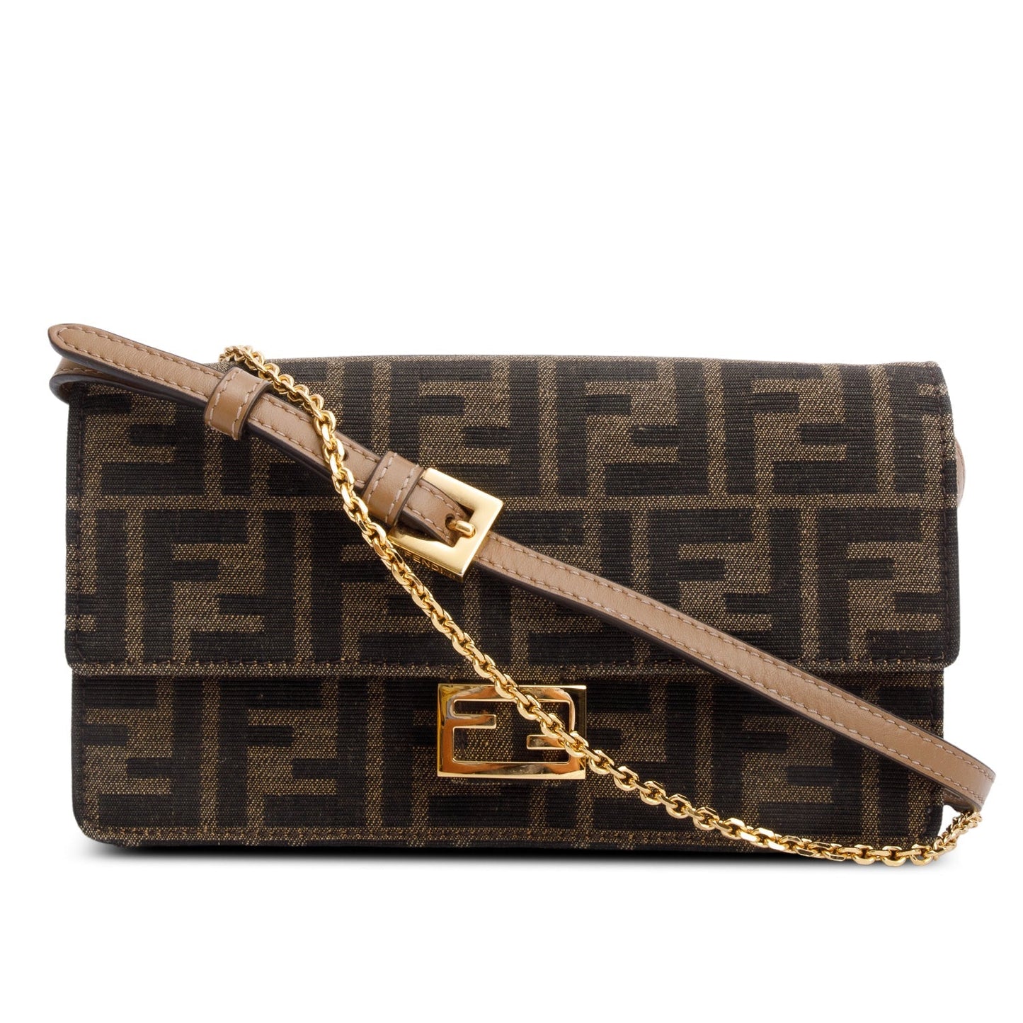 Fendi Brown FF Jacquard Baguette Wallet on Chain