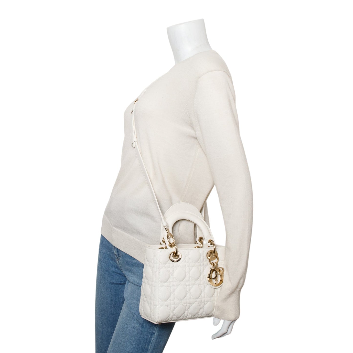 Christian Dior 2024 White Grained Cannage Calfskin Leather Small Lady Dior Bag