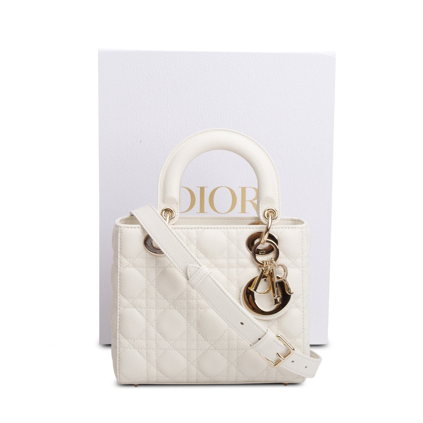 Christian Dior 2024 White Grained Cannage Calfskin Leather Small Lady Dior Bag