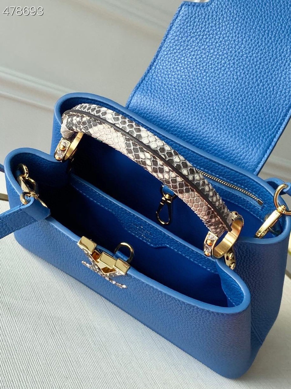 Top Quality Woven Capucines Python Handle Bag 27cm Taurillon Leather Spring/Summer 2021 Collection N98388, Blue