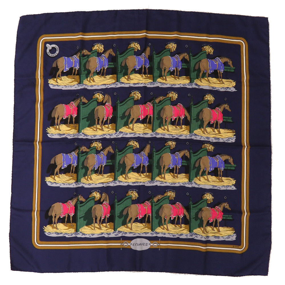HERMES scarf silk Navy Carre90 ECURIES Stables Women  d