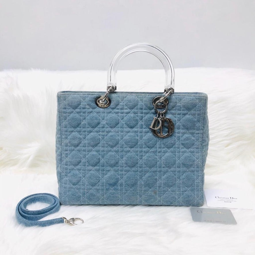 Lady Dior Large   Denim Quilted Cannage tote with strap and acrylic handle GHW