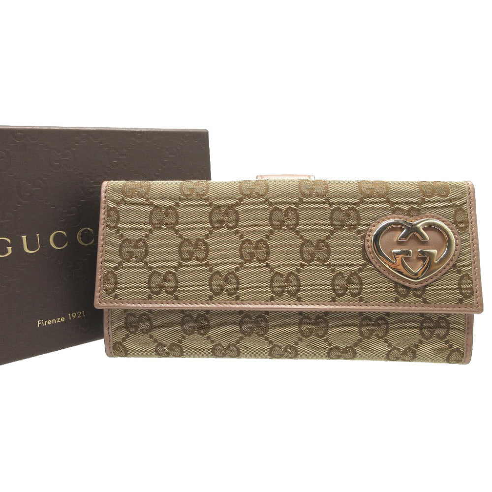 GUCCI Long Wallet Purse 245723 GG canvas, leather beige W Hook Wallet  Lovely heart Women