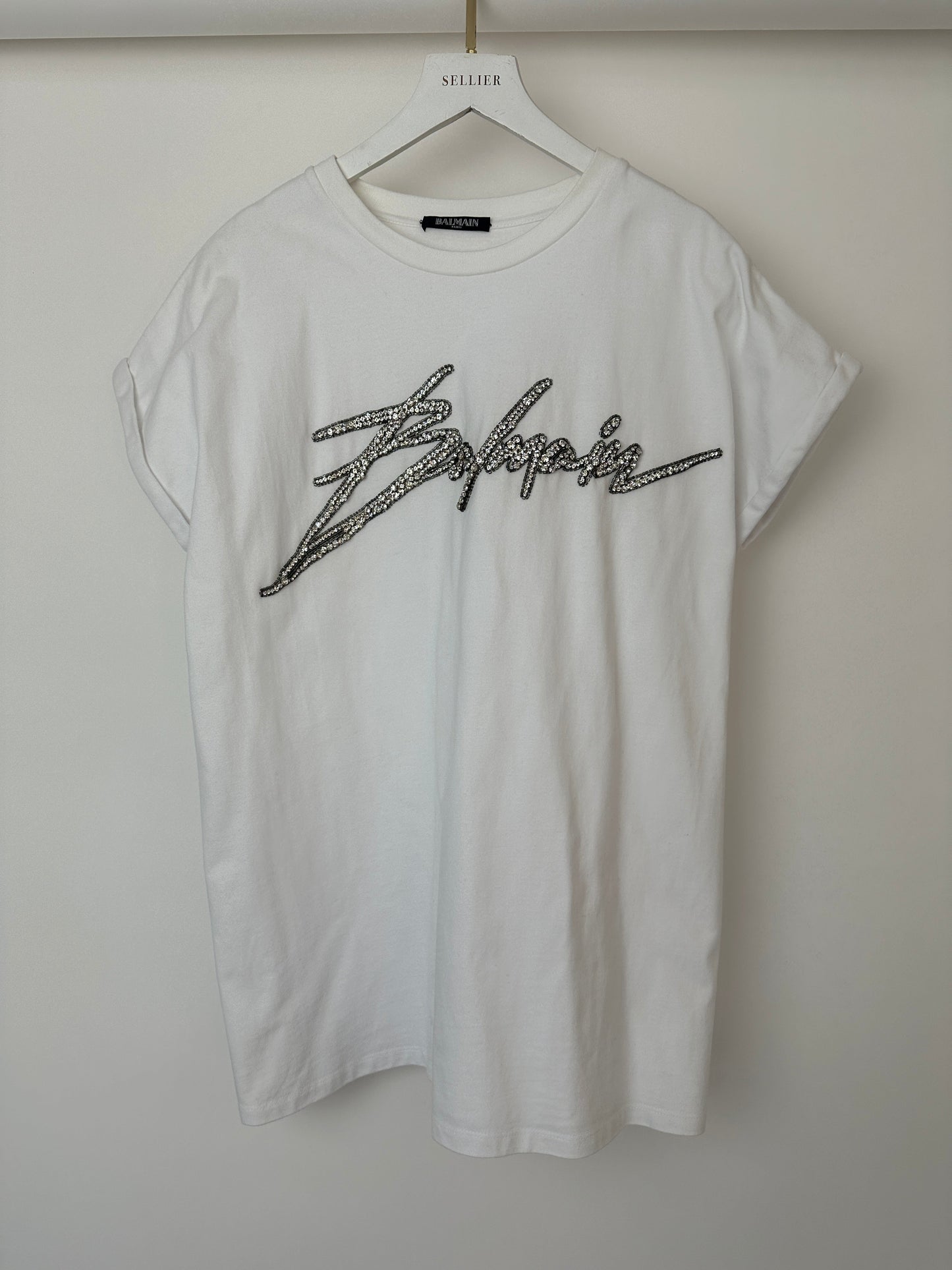 Balmain White Thick Cotton T-shirt with Embellished Logo Detail Size FR 36 (UK 8)