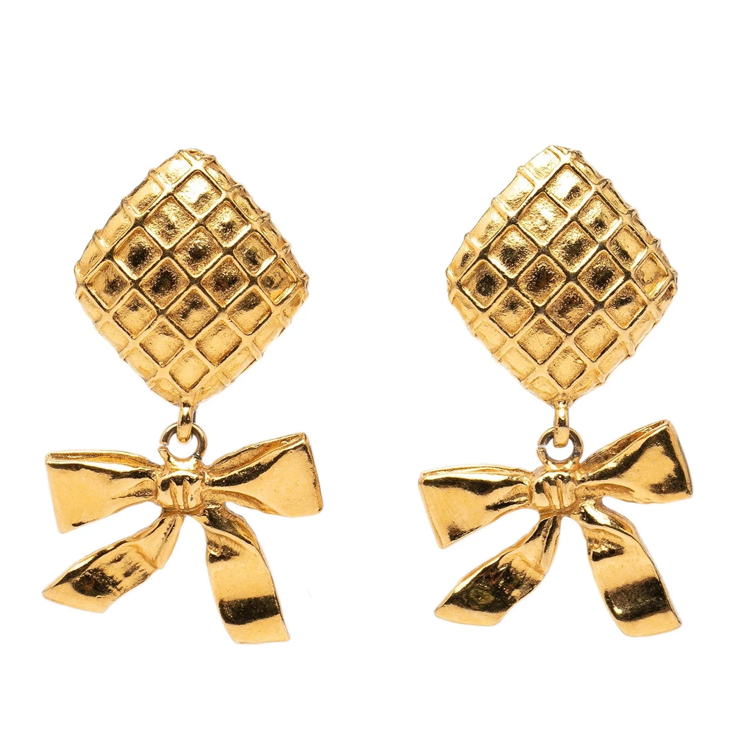 Gold Chanel Gold Plated Quilted Diamond Ribbon Clip on Earrings