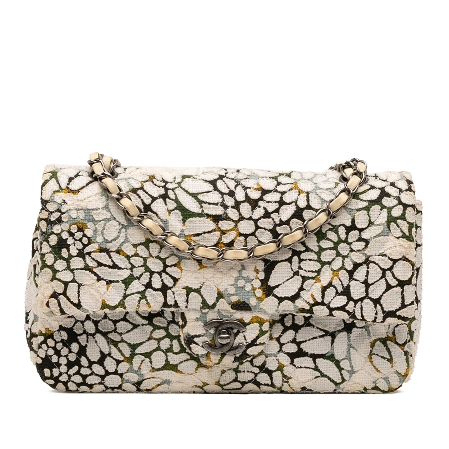 White Chanel Medium Classic Chevron Tweed Floral Double Flap Shoulder Bag