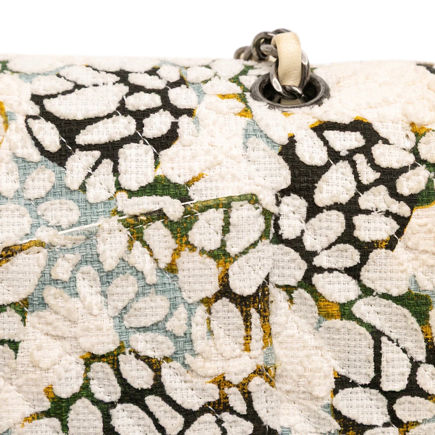 White Chanel Medium Classic Chevron Tweed Floral Double Flap Shoulder Bag