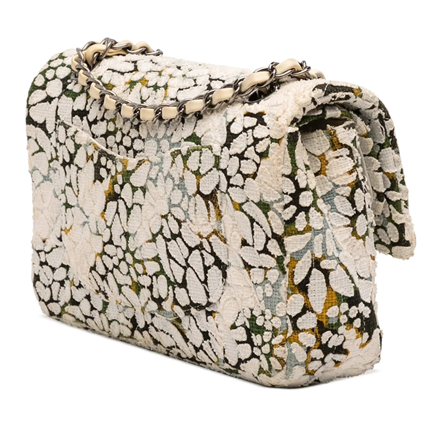 White Chanel Medium Classic Chevron Tweed Floral Double Flap Shoulder Bag