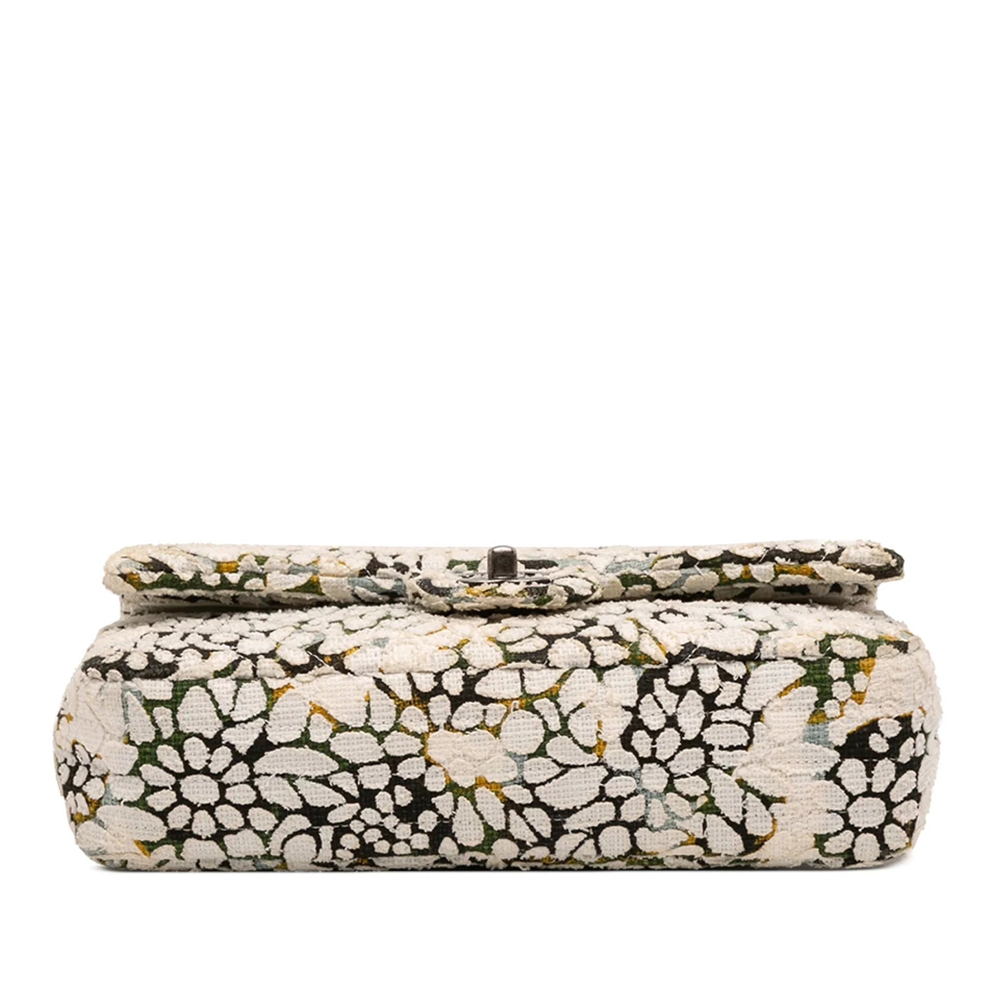 White Chanel Medium Classic Chevron Tweed Floral Double Flap Shoulder Bag