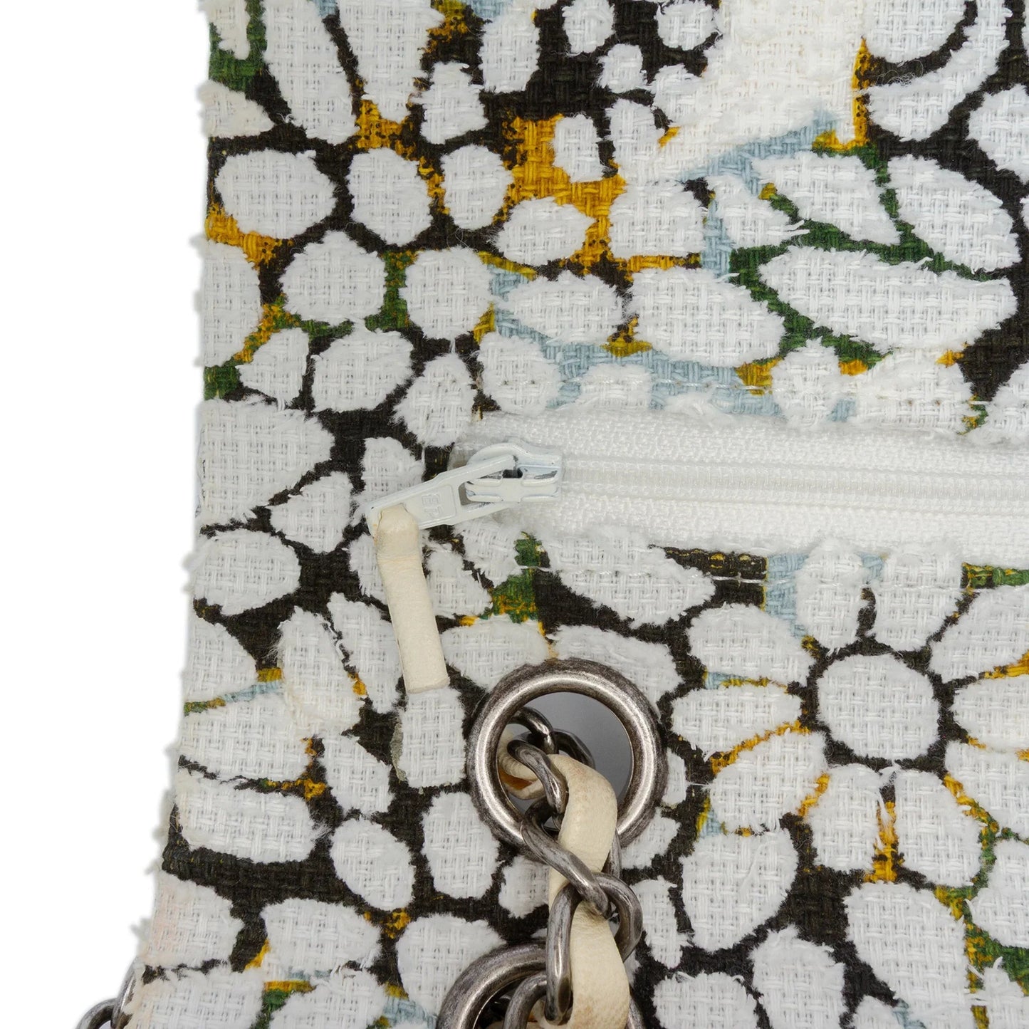 White Chanel Medium Classic Chevron Tweed Floral Double Flap Shoulder Bag